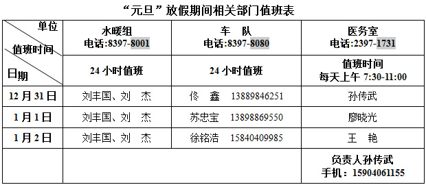 元旦放假值班表